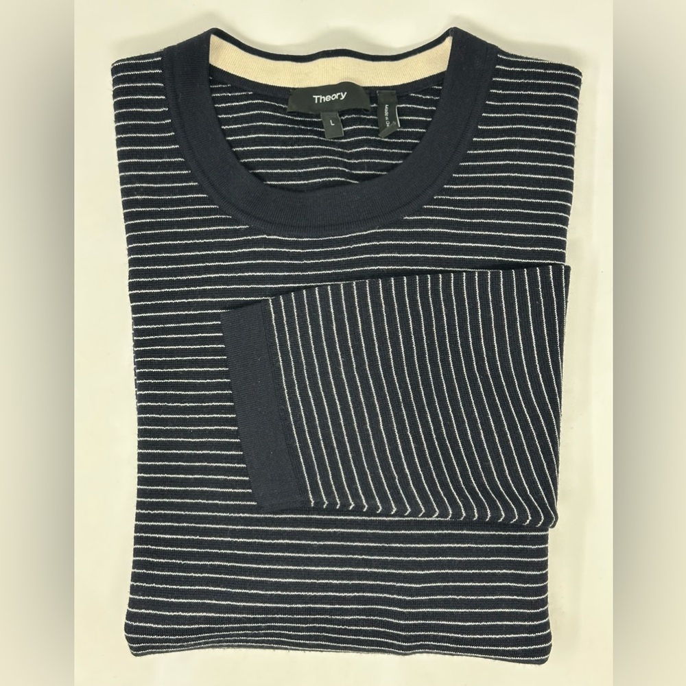 Theory Sweater Mens L Striped 100% Wool Crewneck Pullover Lightweight Preppy